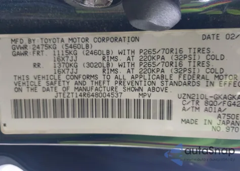 2004 Toyota 4Runner Sr5 V8 from USA, damaged, VIN JTEZT14R648004537